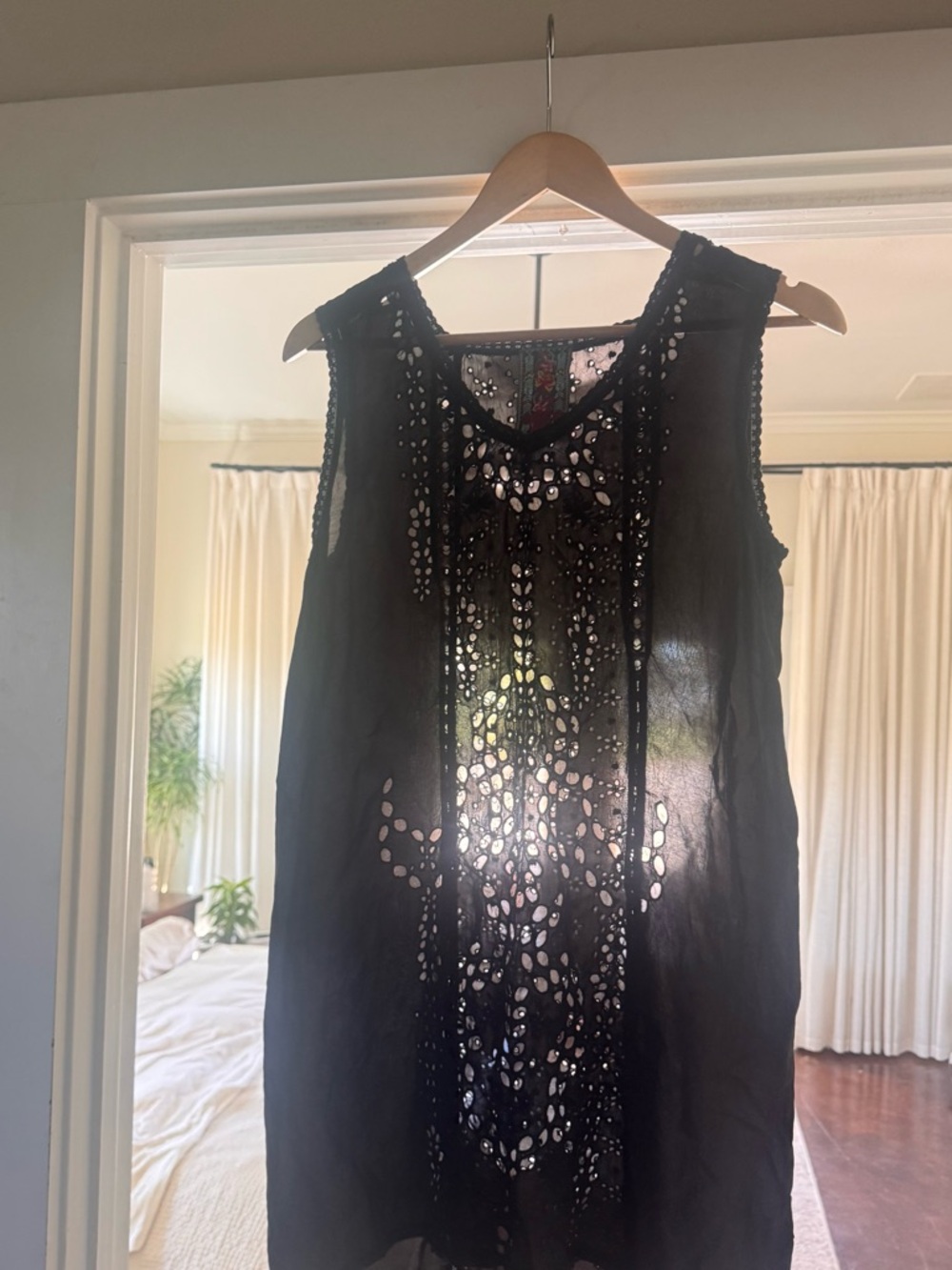 Johnny Was Size XS Black Eyelet Mini Shift Dress Boho Luxury